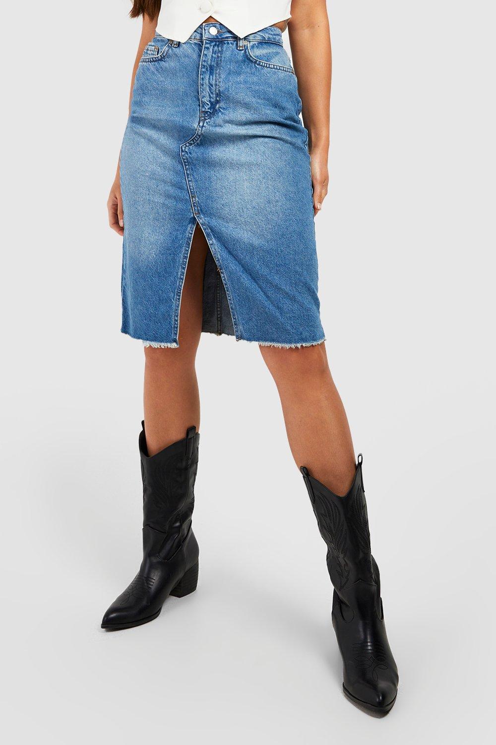 Knee length shop denim skirt boohoo